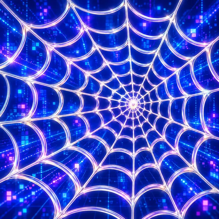 The WEB emblem: a glowing silk web over a field of blue light